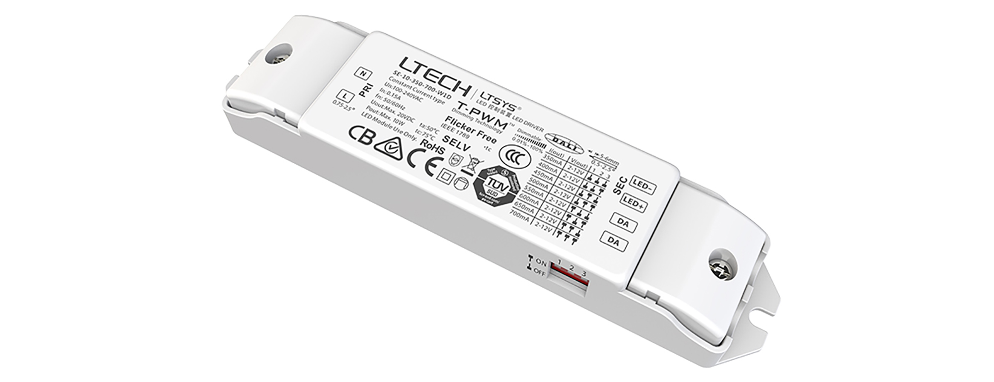 SE-10-350-700-W1D  DALI, 0-100% Dim, PWM digital dimming, CC 10W, 350-700mA output, 100-240Vac I/P, Class 2, IP20.